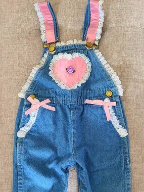 Vintage Madewell Lace Trimmed Pink Heart Rose Baby/Toddler Denim Overalls 18 Mo